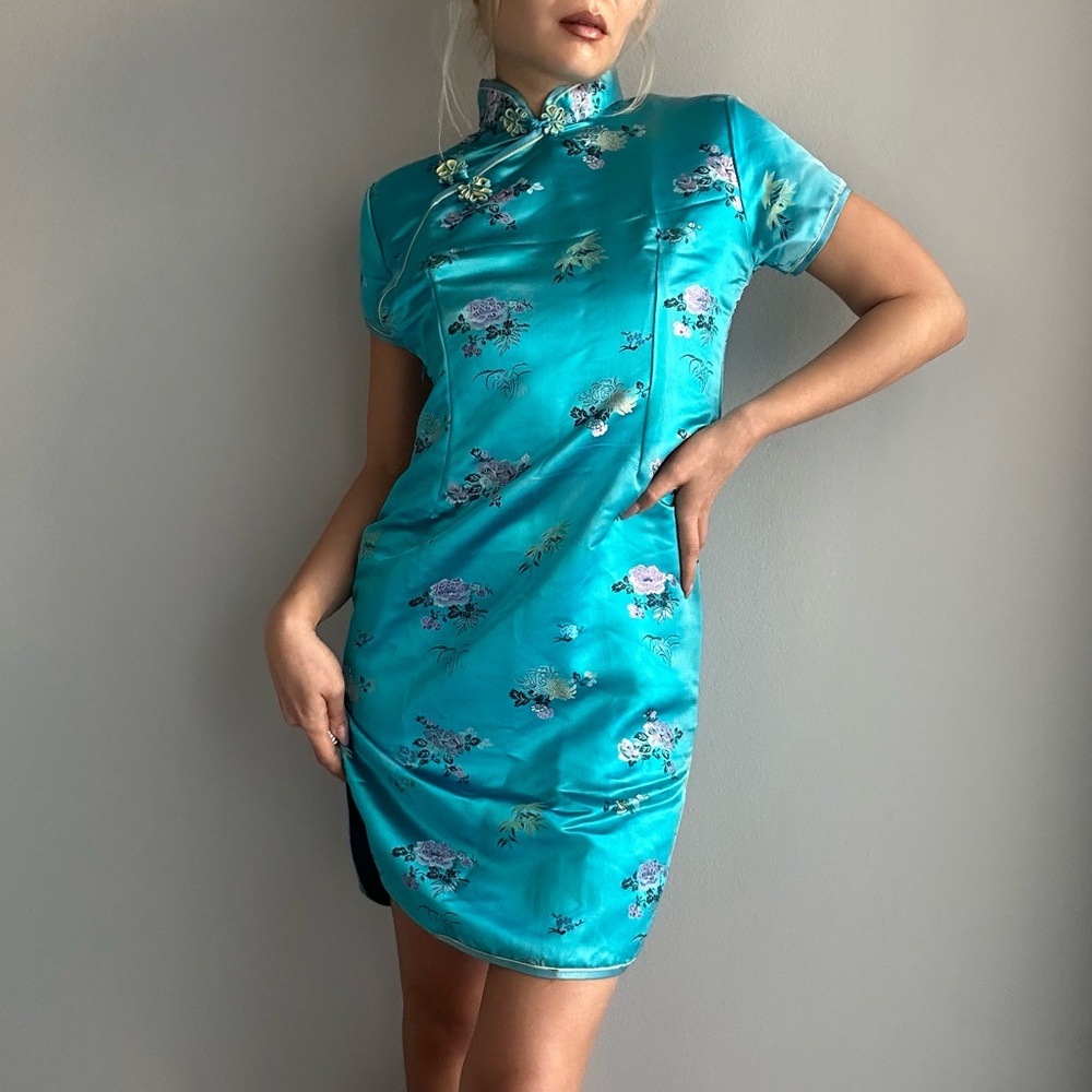 Rare Find Vintage Oriental Collar Embroidered Jacquard Mini Dress in Turquoise